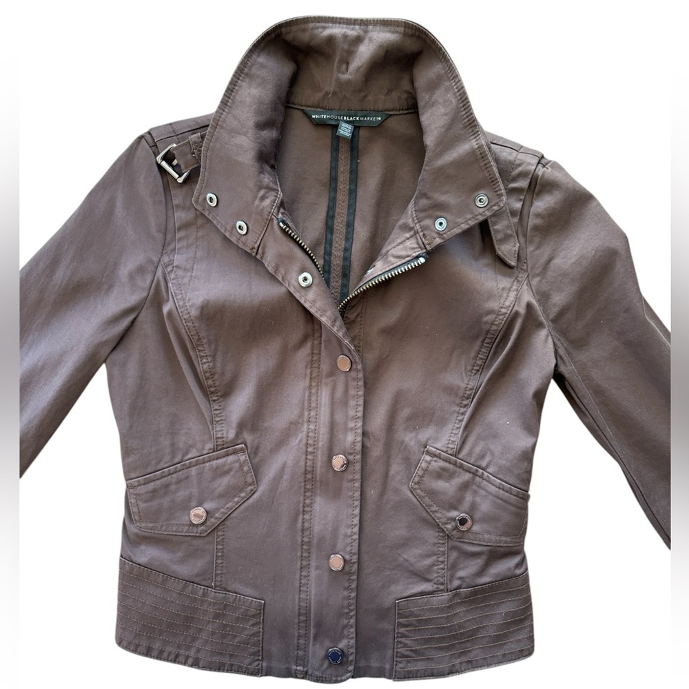 WHBM Chocolate Brown Bomber style Jacket / Coat Copper Snap Buttons & Buckle xxs